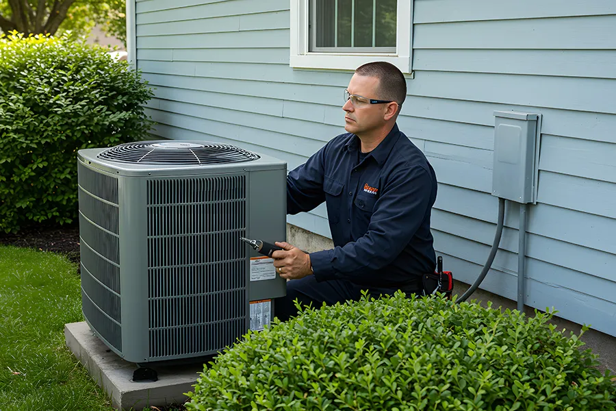 HVAC technician servicing outdoor air conditioning unit during seasonal maintenance check in o'fallon il