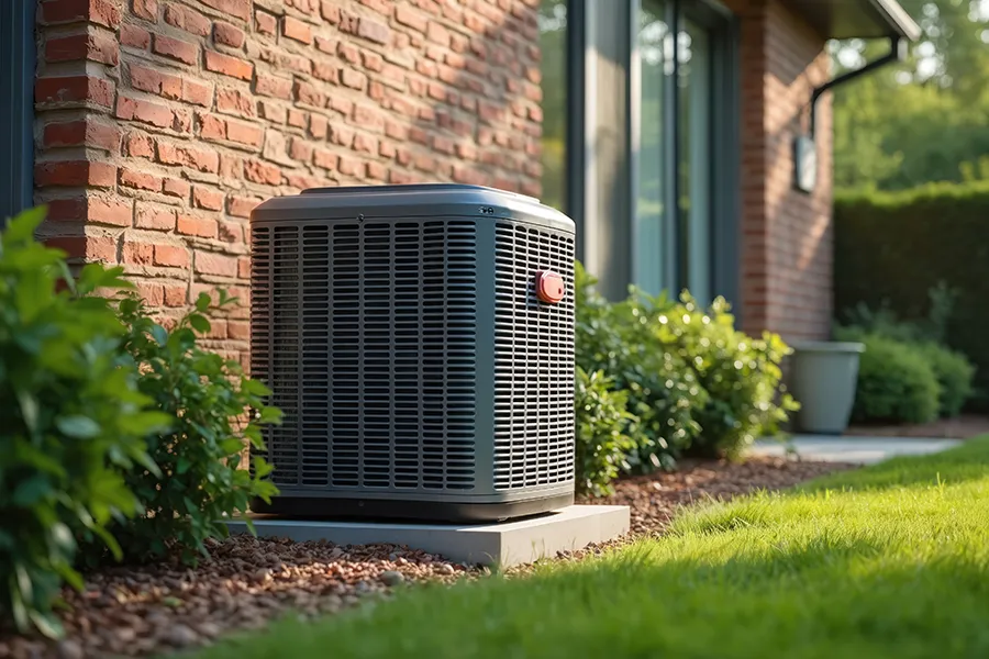 Residential HVAC unit installed in landscaped backyard. Modern air conditioning, heating system exterior setup for home climate control in o'fallon il