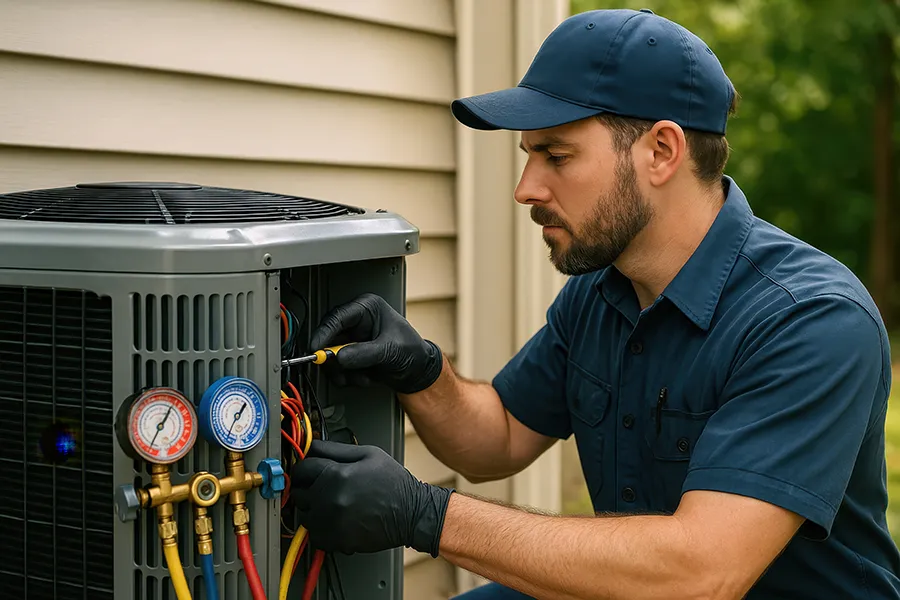 HVAC technician servicing residential air conditioning unit on hot summer day demonstrating professional maintenance and repair expertise in o'fallon il