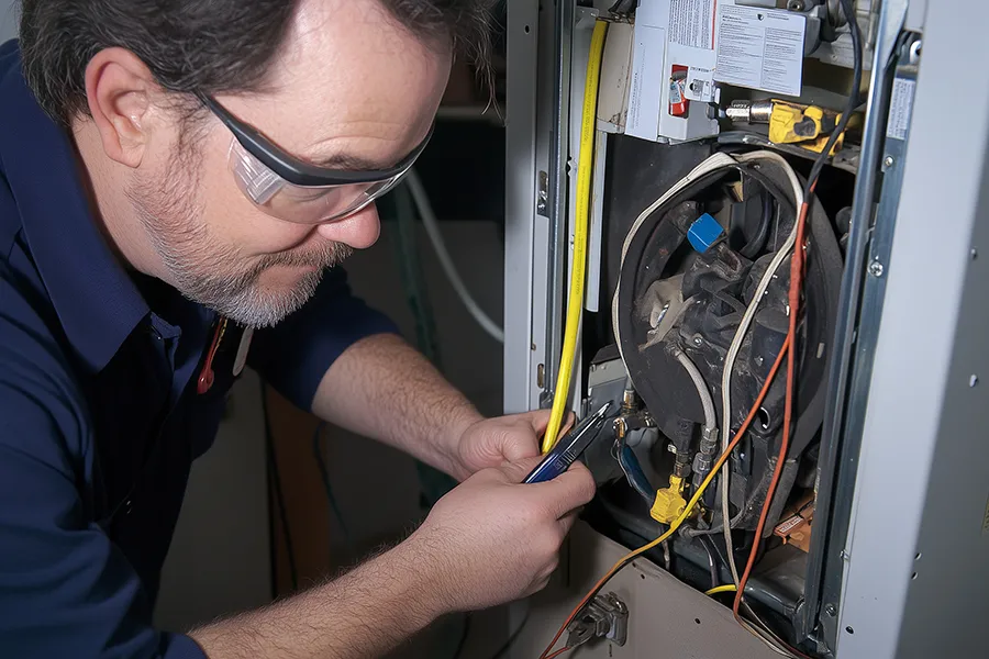 Heating Technician Inspecting Furnace in a Home in o'fallon il