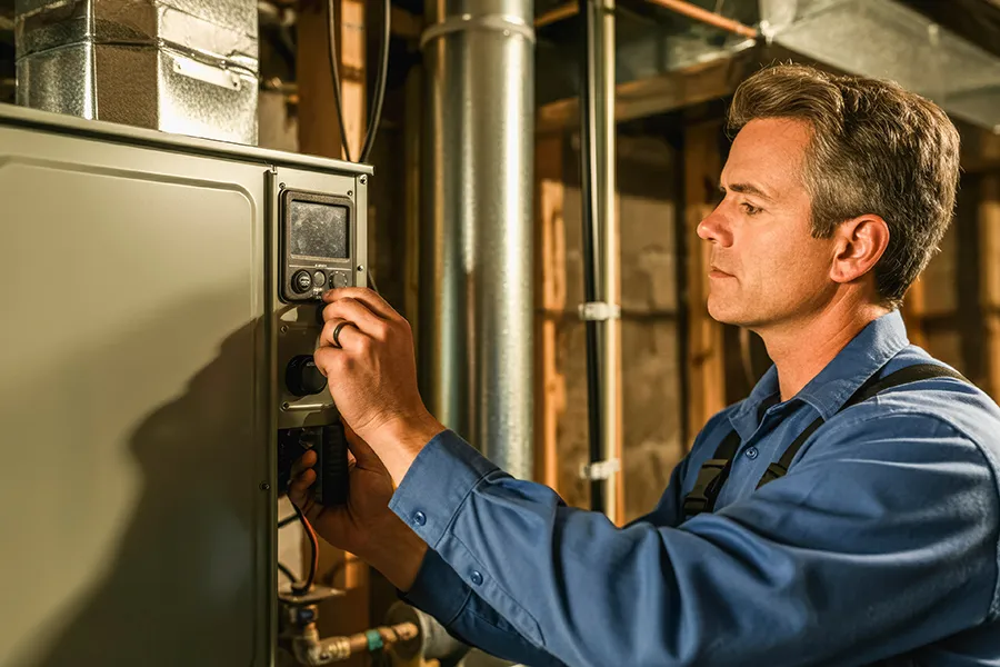Technician adjusting furnace controls in residential basement for efficient heating in o'fallon il