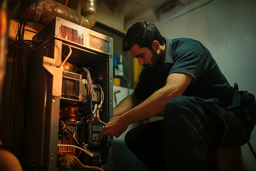 Heating Technician Inspecting Furnace in a Home in o'fallon il