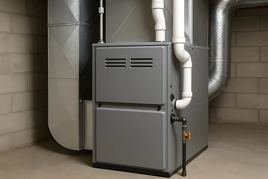 A modern gray furnace installed in a basement, featuring ductwork and ventilation pipes, designed for home heating in o'fallon il