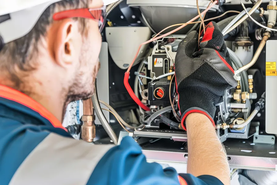 Technician working on furnace with safety gear and tools for maintenance in o'fallon il