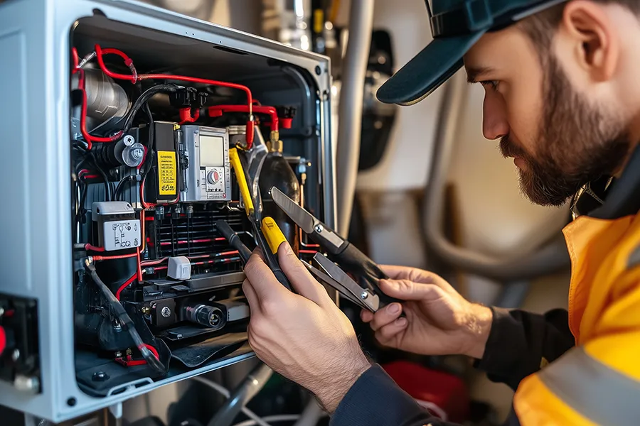 Heating Technician Inspecting Furnace in a Home in o'fallon il