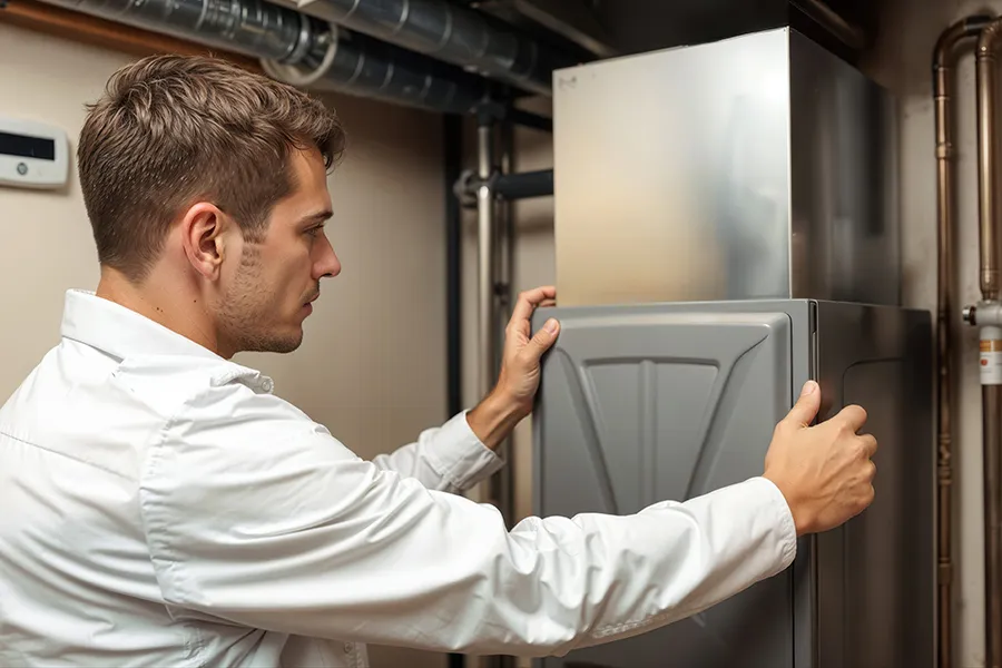 professional service technician in a white shirt is installing or repairing a furnace in a residential basement, ensuring home heating in o'fallon il