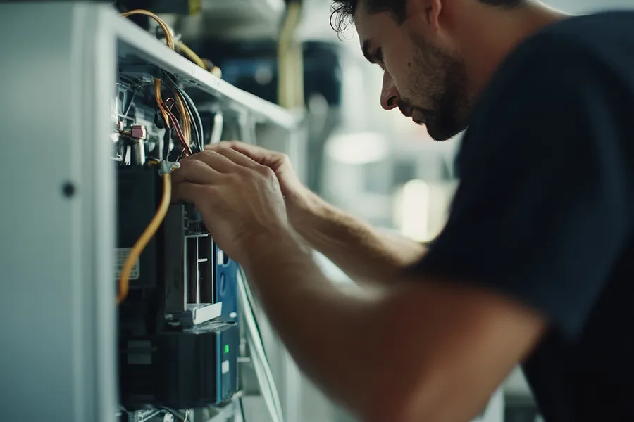 HVAC technician installing a new furnace in a basement in o'fallon il
