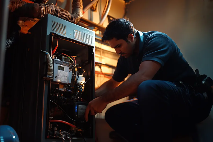 Heating Technician Inspecting Furnace in a Home in o'fallon il