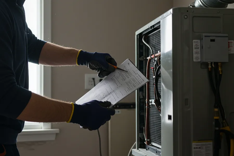 A service technician, wearing gloves, inspects an HVAC system while referencing a document in o'fallon il