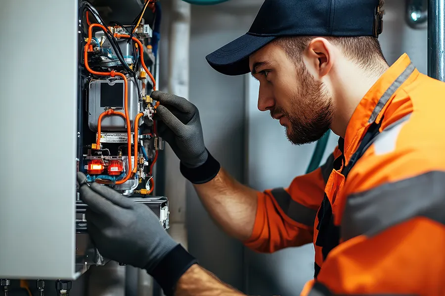 Caucasian HVAC technician fixes gas heater in o'fallon il