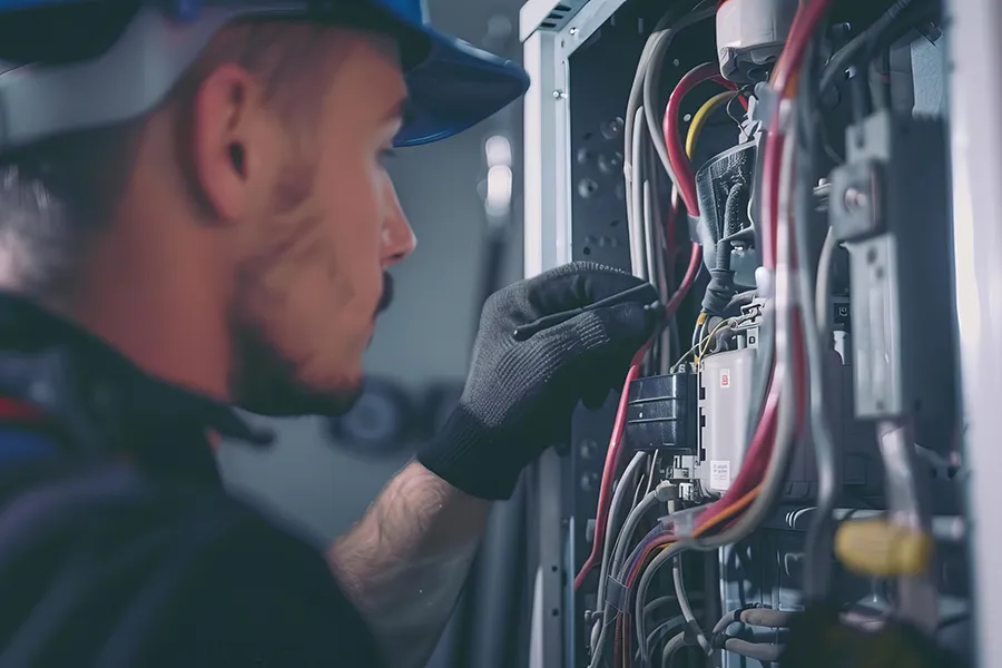 Repairman fixing a broken electric boiler or furnace in o'fallon il